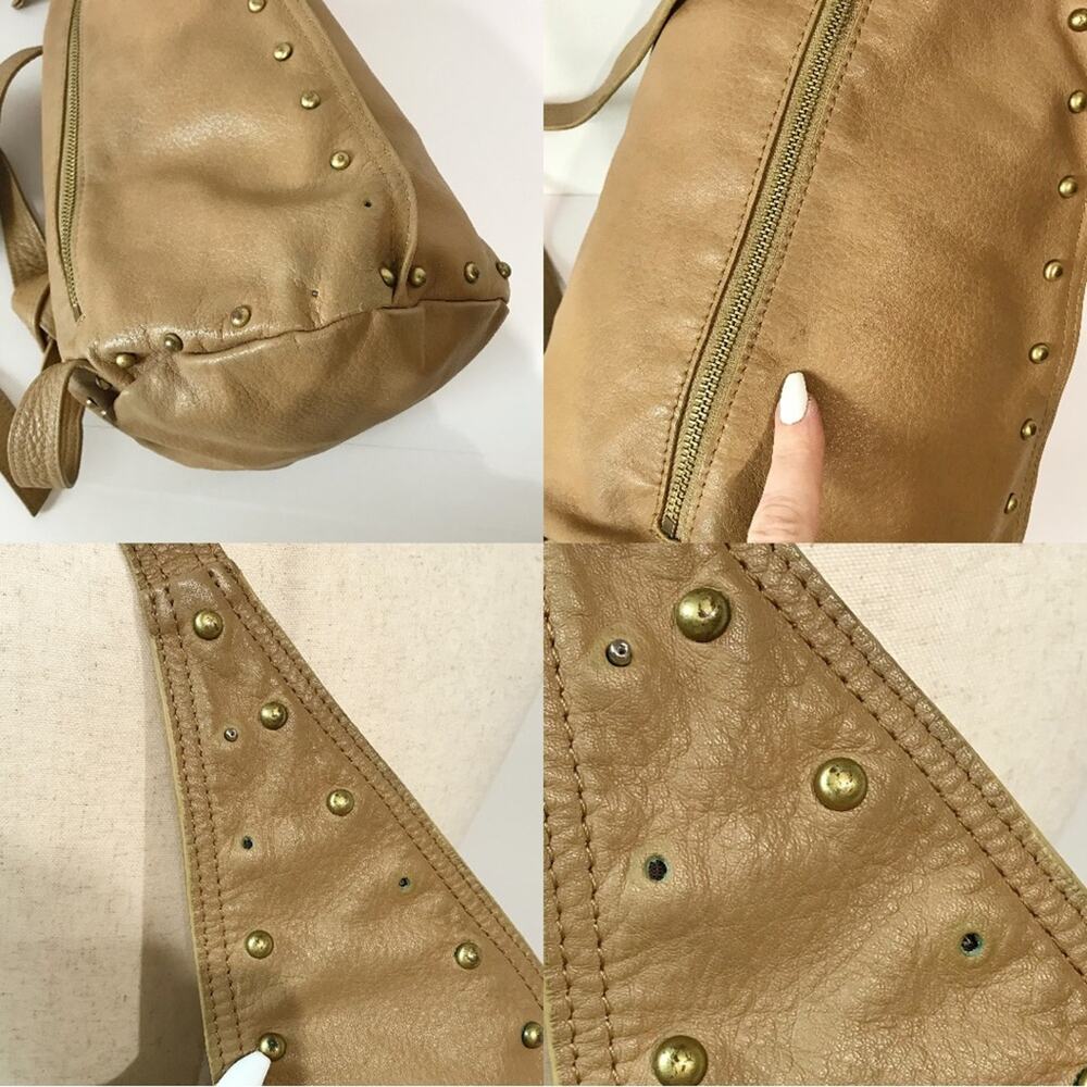 Patti Hansen for HUNG ON U Tan Leather Bronze Studded Cross Body Sling Bag Cross - Picture 11 of 16